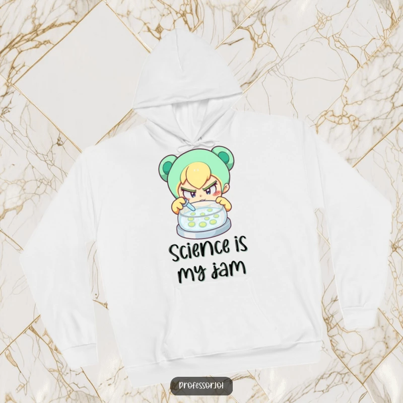 Funny hoodie featuring a determined character curiously examining a petri dish, perfect for cozy study sessions and scientific minds.