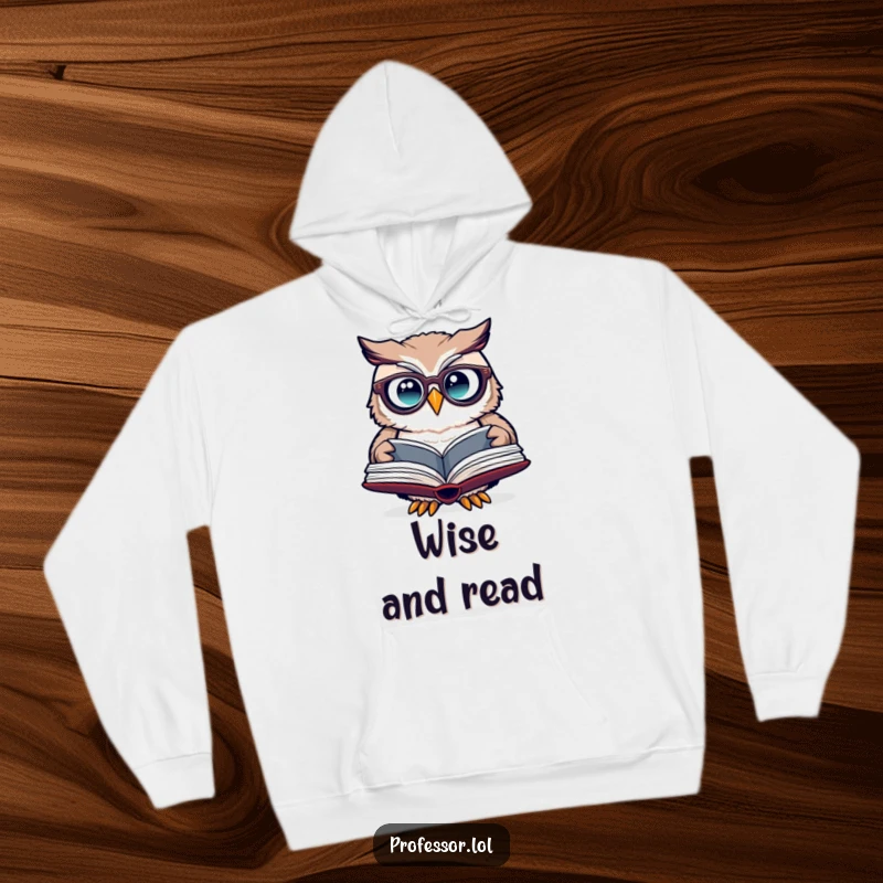 Funny owl spectacles hoodie showing a cute owl with glasses peering intently at an open book.