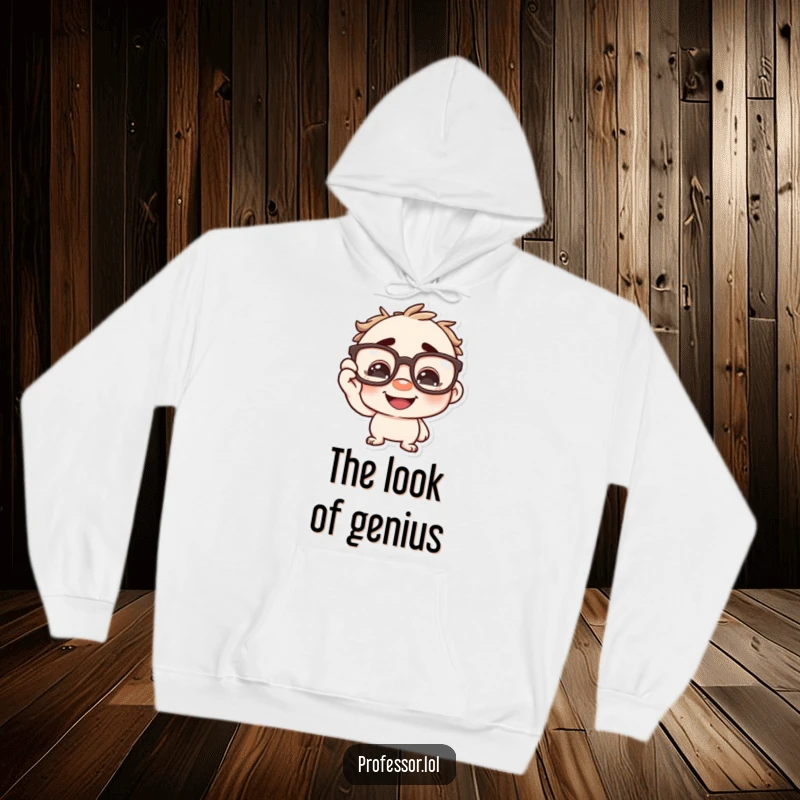 Funny character adjusting oversized spectacles on its nose with a grin, symbolizing intelligence. A warm and funny hoodie.