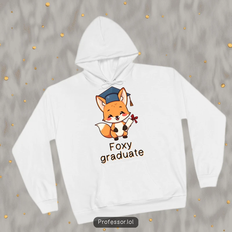 Funny graduation fox hoodie featuring a cheerful fox wearing a small cap, holding a diploma excitedly.