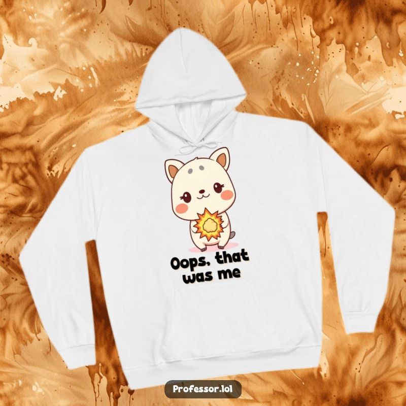 Funny animal hoodie, surprised animal character, small controlled explosion, cozy and warm, science theme.
