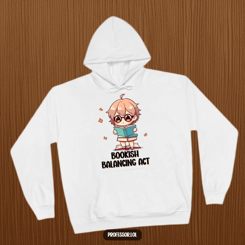 Funny hoodie showing a character concentrating intensely while juggling numerous books, a symbol of avid reading.
