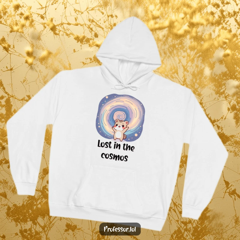Funny hoodie with a small, excited animal looking up at a mesmerizing, swirling galaxy, perfect for cozy stargazing and humor.