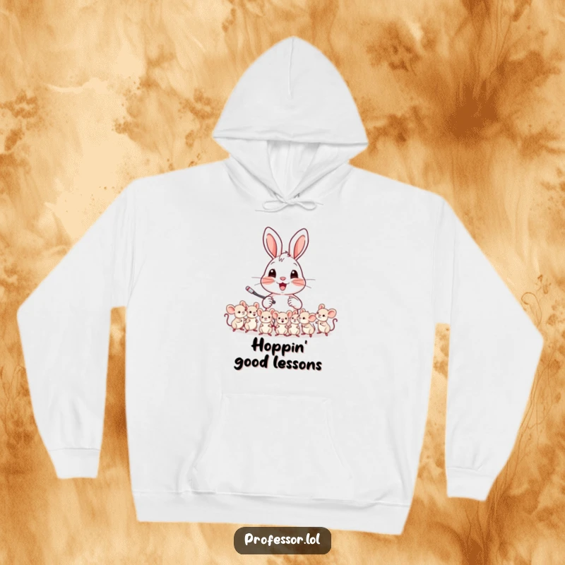Funny hoodie design of a cheerful rabbit character teaching a class of tiny mice, exuding warmth and wisdom.