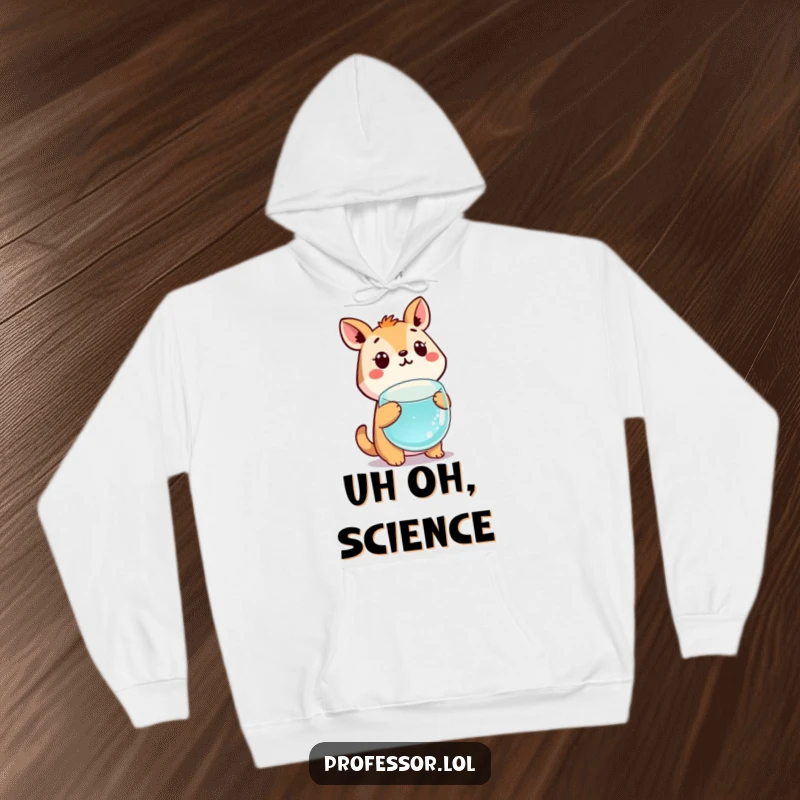 Funny cute animal character with a comical expression of surprise staring at a floating, bubbling beaker.