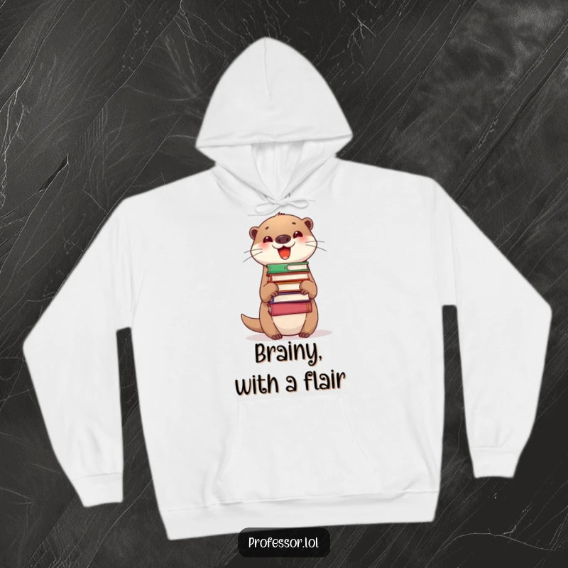 Funny Hoodie portraying a delighted otter balancing a precarious stack of books on its nose, celebrating knowledge with humor.