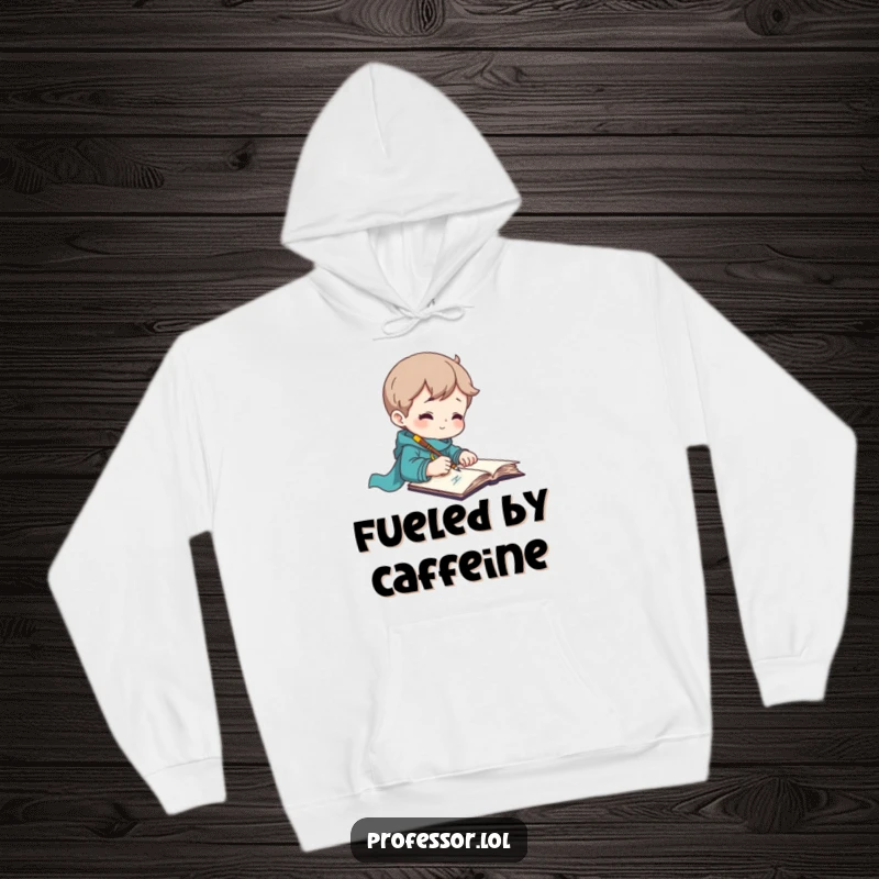 Funny hoodie showing an inspired person writing rapidly with a quill pen, perfect for writers.