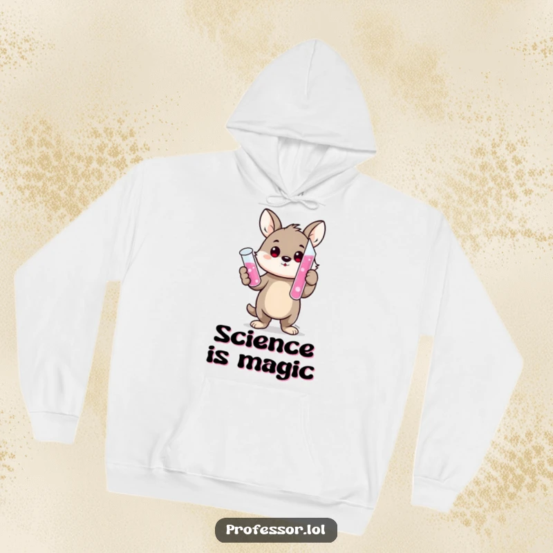 Funny hoodie featuring a cute animal character proudly holding a bubbling pink test tube, showcasing a happy scientist.