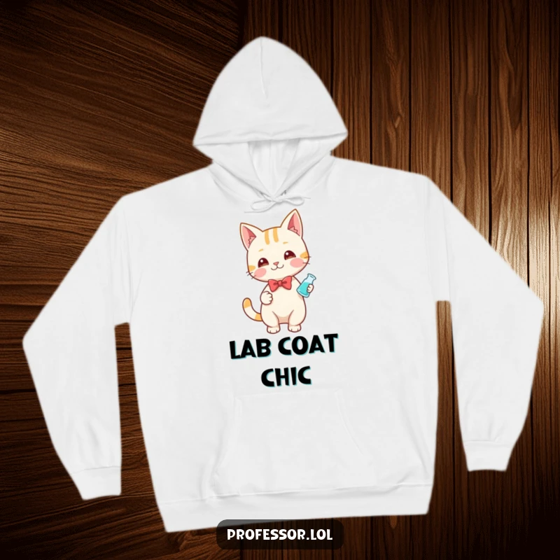 Funny hoodie design of a playful cat wearing a bow tie and holding a small beaker, embodying a smart scientist.