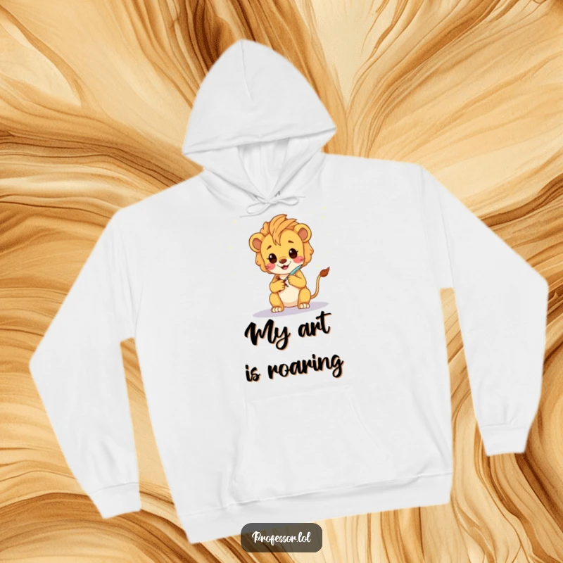 Funny Lion Cub Artist Hoodie: A happy Kawaii lion cub sketching a fantastical galaxy with a glowing quill, embodying creativity.
