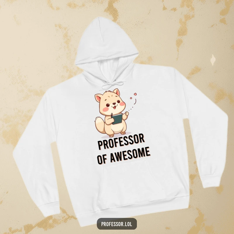 Funny wise animal character lecturing with chalk dust flying from its paw, symbolizing wisdom. A warm and funny hoodie.