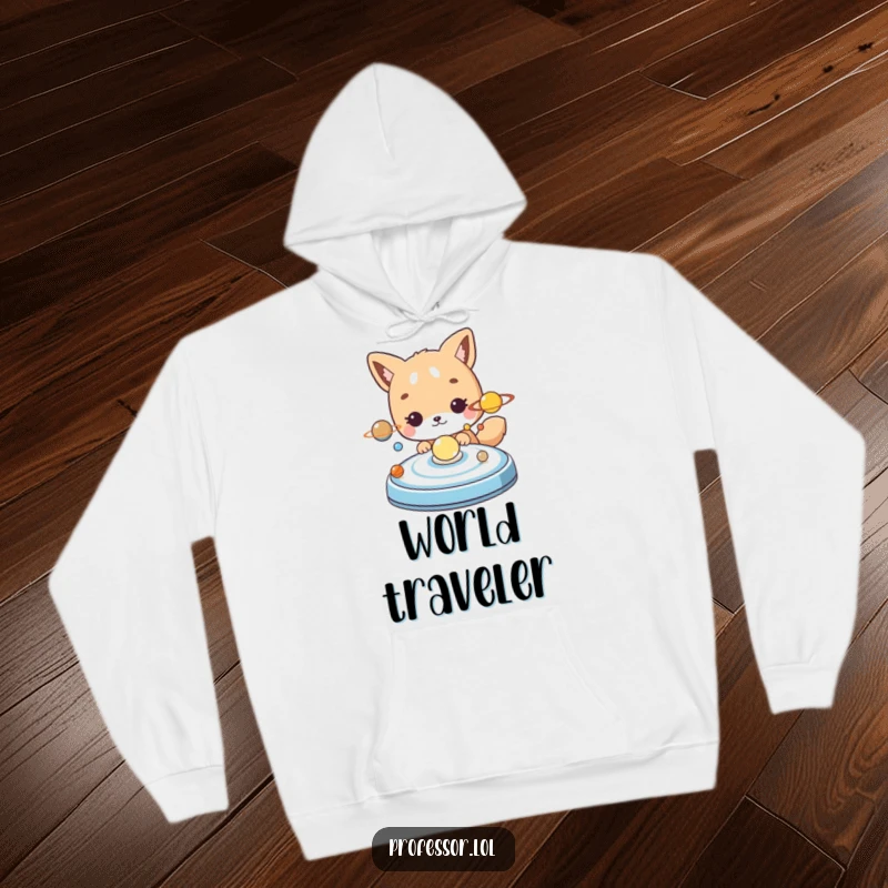 Funny cute animal character engrossed in studying a model of the planets and stars, cozy hoodie.