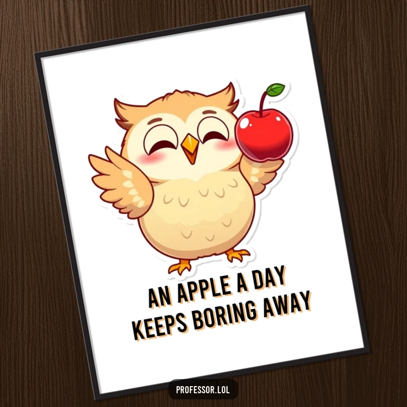 Funny Free Printable Wall Art: An excited owl humorously demonstrates physics with a falling apple, contemplating gravity's pull.