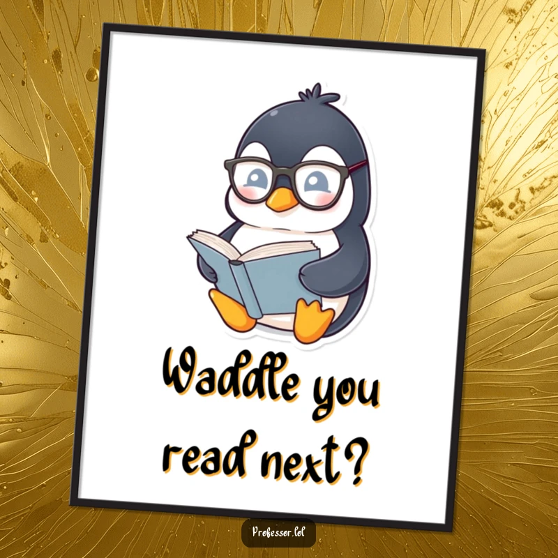 Funny Free Printable Penguin Wall Art: A chubby penguin with spectacles reads a thick book, bringing cozy humor.