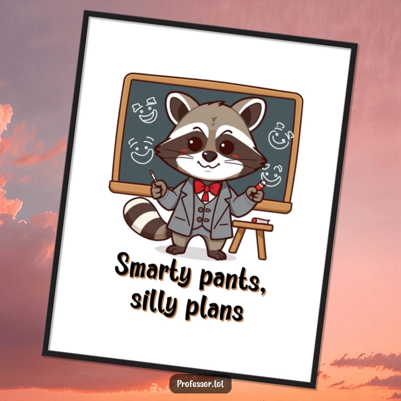 Funny Free Printable Wall Art: A mischievous Kawaii raccoon professor character drawing silly faces on a blackboard, adding humor to decor.
