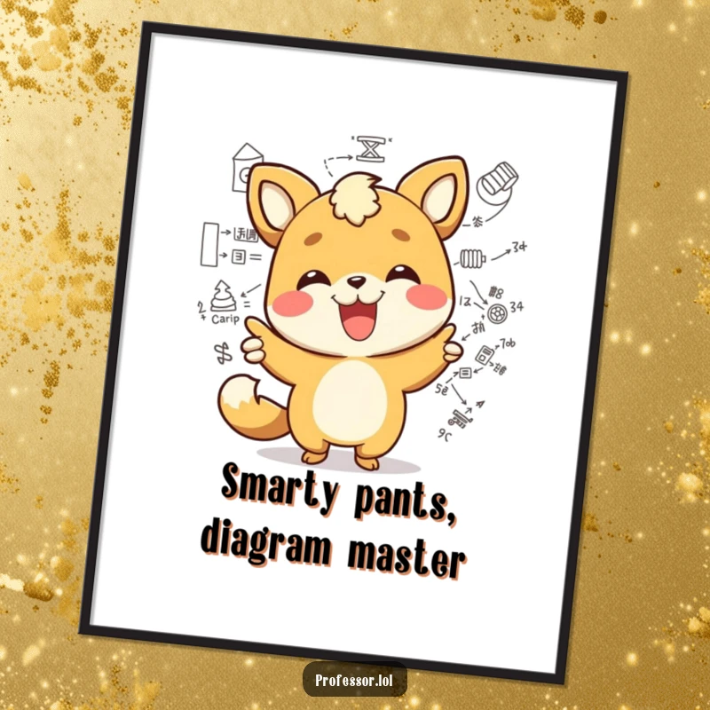 Funny Free Printable Wall Art: Kawaii animal character joyfully pointing at a super complex diagram, a celebration of smarts.