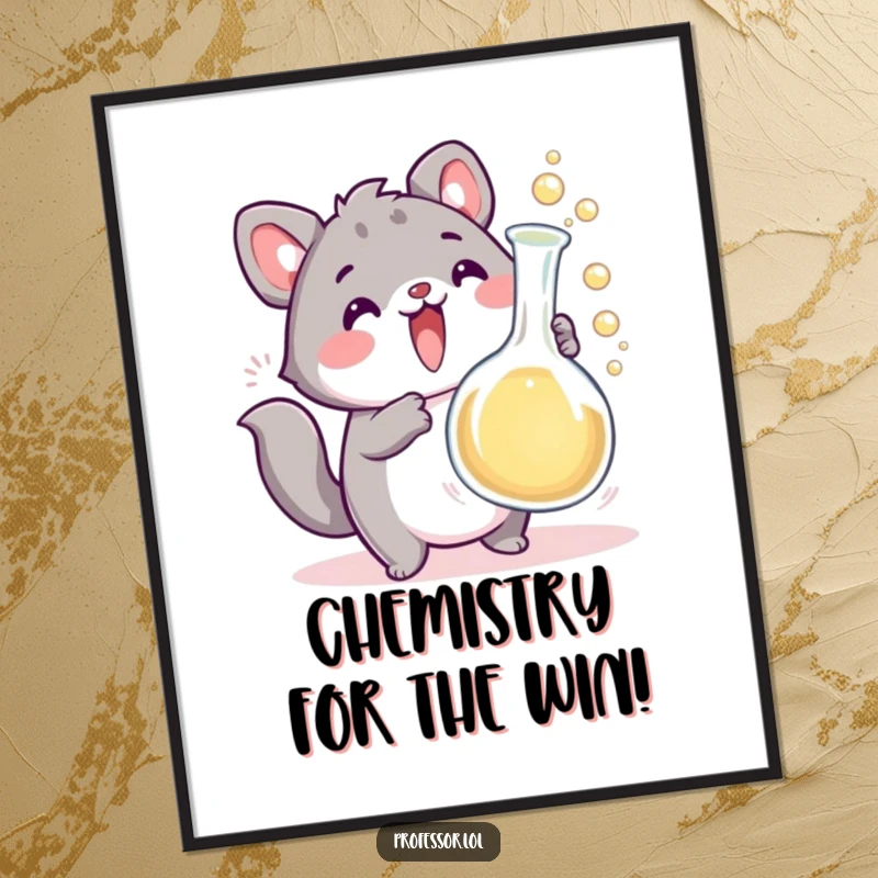 Funny Free Printable Wall Art: Excited animal character holding an overflowing bubbling beaker, a humorous depiction of science gone wild.