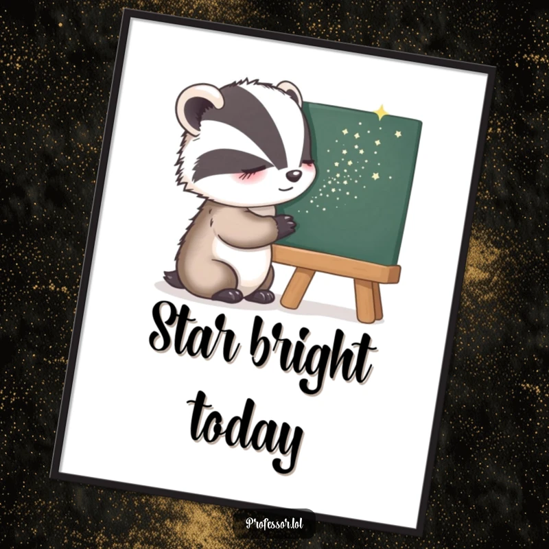 Funny Free Printable Wall Art: A cute, sleepy badger gently sprinkling luminous stardust onto a dark blackboard, creating a magical atmosphere.