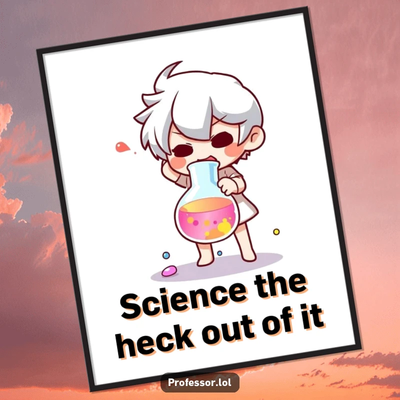 Funny Free Printable Wall Art: A character in a state of shock as a beaker tumbles, releasing a splash of colorful liquid.
