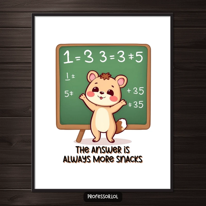 Funny Free Printable Wall Art: Cute animal character enthusiastically gesturing towards a chalkboard filled with a complex equation.
