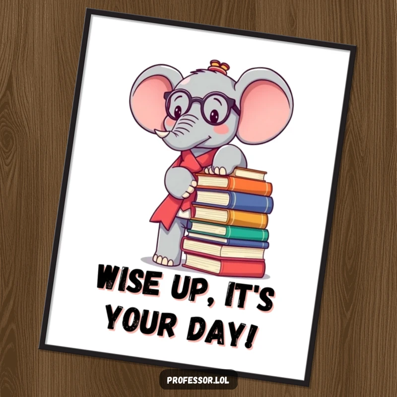 Funny Free Printable Wall Art: Kawaii elephant professor precariously balancing a tower of books, symbolizing academic dedication.