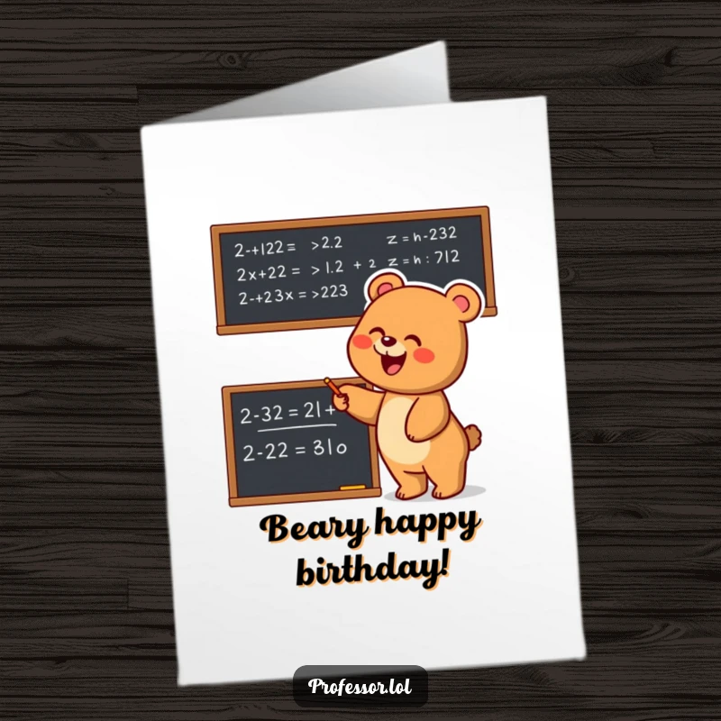 Funny Free Printable Bear Birthday Card: A joyful bear enthusiastically points at a complex equation, wishing a smart birthday.