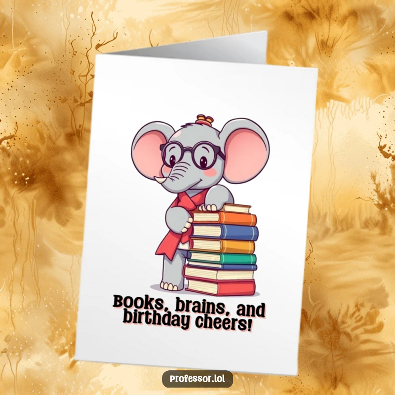 Funny Free Printable Birthday Card: Kawaii elephant professor determinedly balancing a huge stack of books, ready to study.