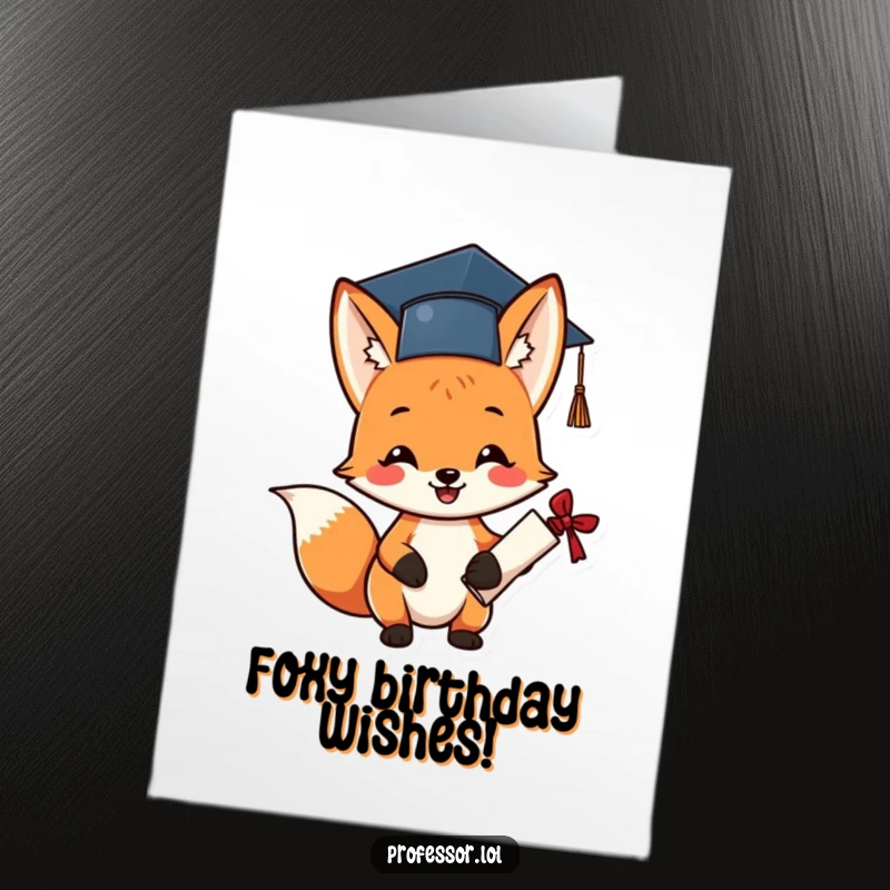 Funny Free Printable Fox Birthday Card: A cheerful fox in a graduation cap holds a diploma excitedly.