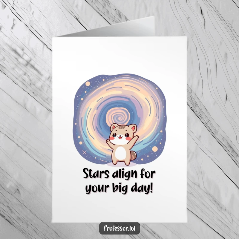 Funny Free Printable Birthday Card: Small animal pointing excitedly at a colorful, swirling galaxy, spreading birthday wishes.