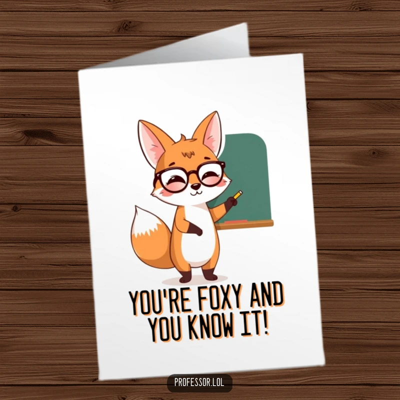 Funny Free Printable Birthday Card: Giggling fox in spectacles pointing at chalkboard, teaching a lesson for a birthday celebration.