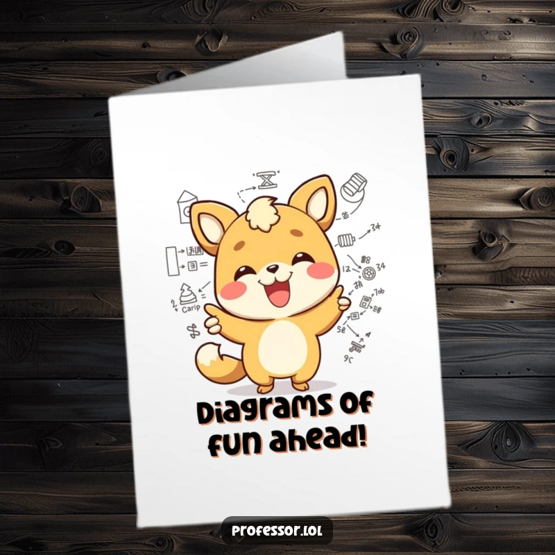 Funny Free Printable Birthday Card: Kawaii animal character joyfully pointing at a complex scientific diagram with a big smile.