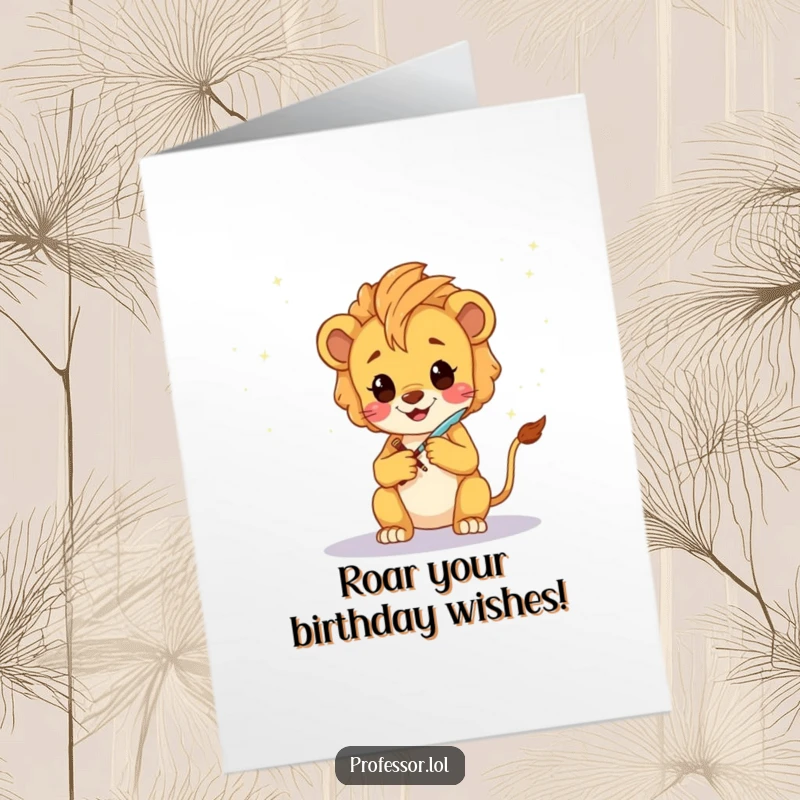Funny Free Printable birthday card of a happy Kawaii lion cub sketching a fantastical galaxy with a glowing quill for a birthday.