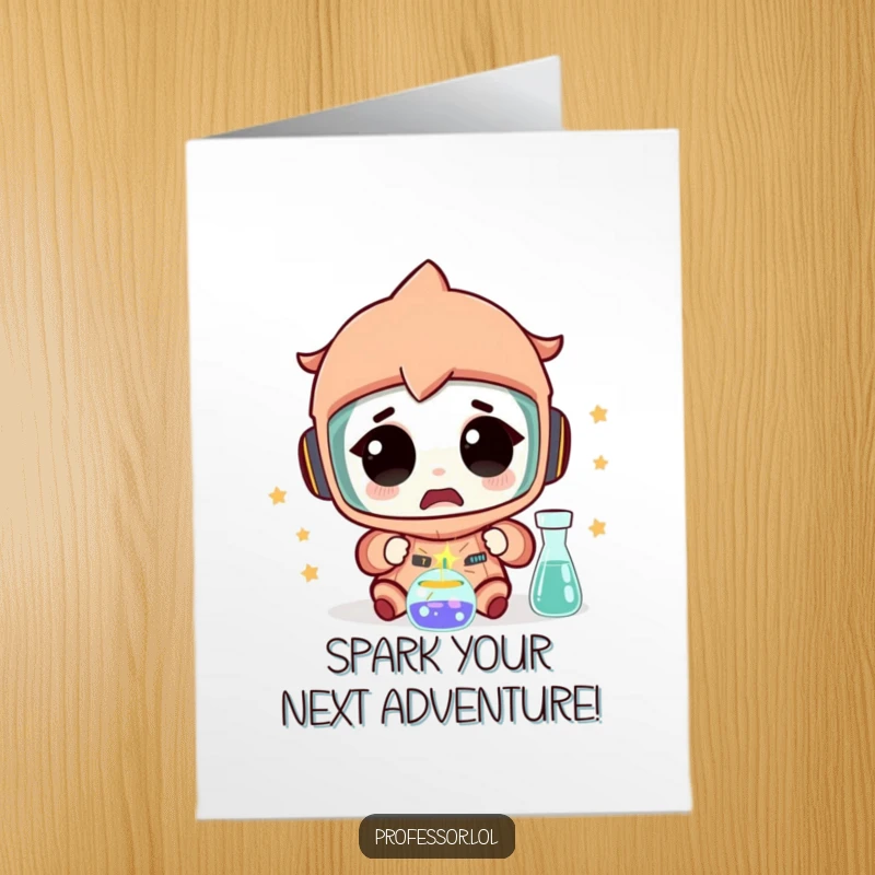 Funny Free Printable Birthday Card: Character looks amazed as a tiny spark flies from a science experiment, wishing Happy Birthday.