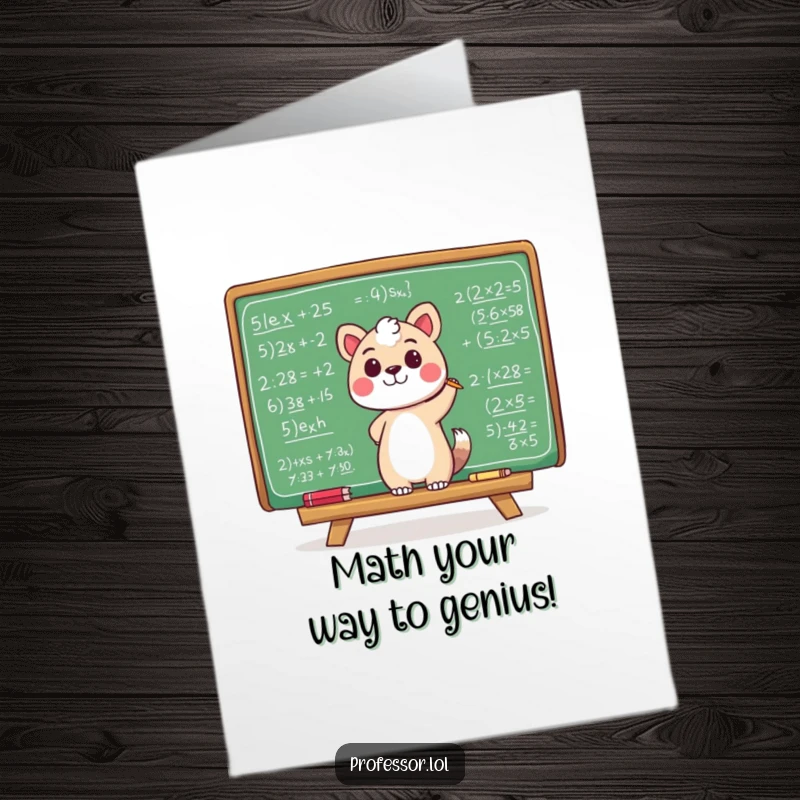 Funny Free Printable Birthday Card: Animal happily scribbling complex equations on a large chalkboard with a smile.