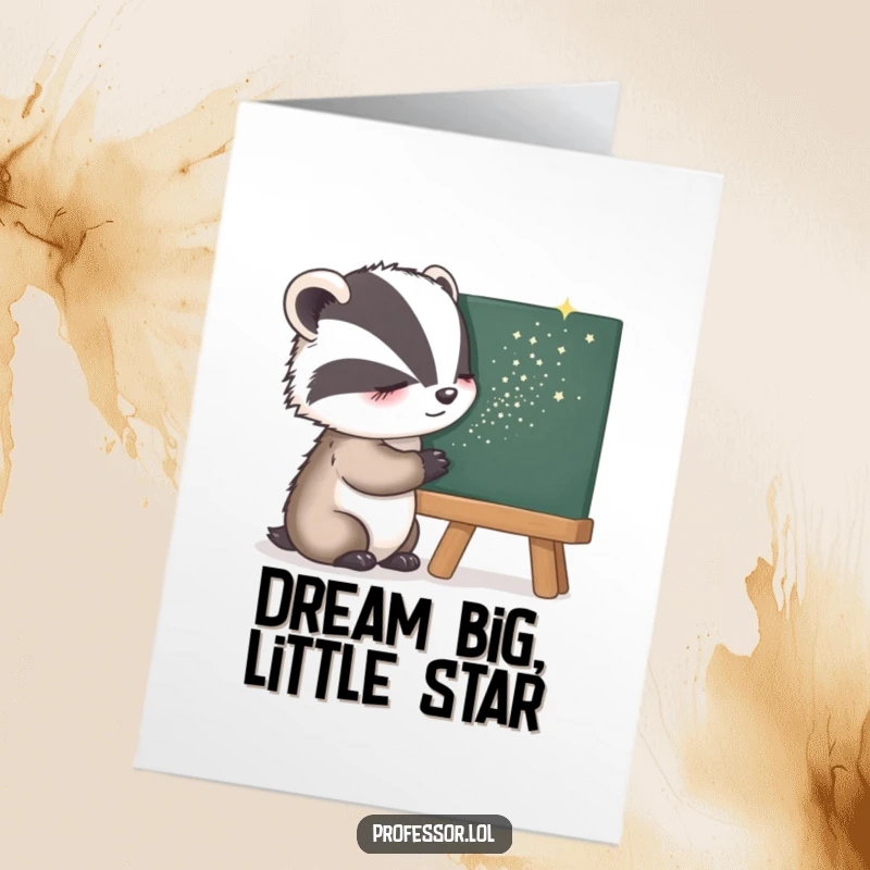 Funny Free Printable Birthday Card: Sleepy badger sprinkling sparkling stardust onto a blackboard, spreading birthday magic with a tired grin.