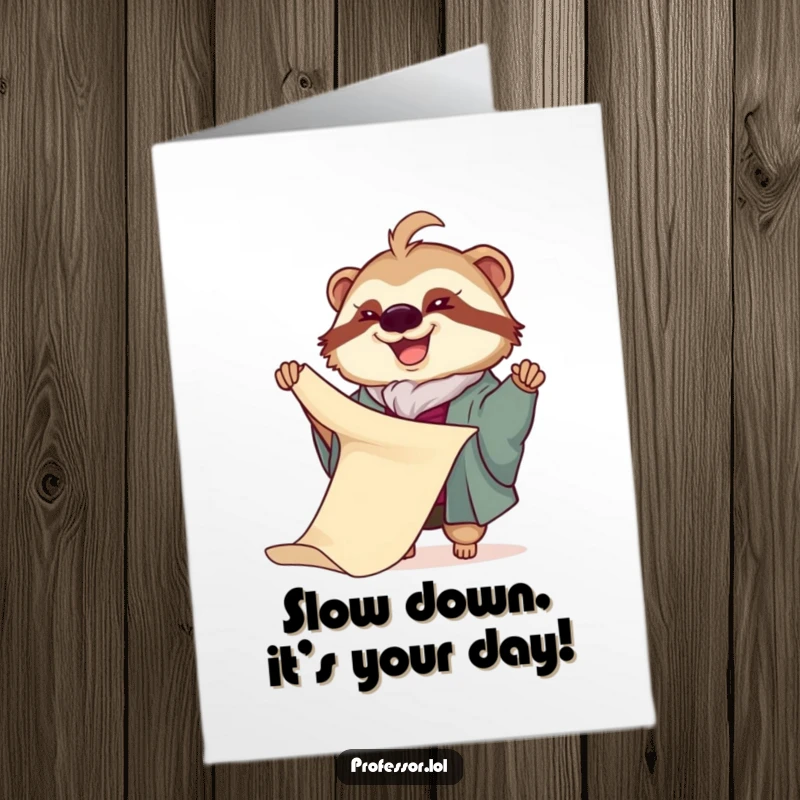 Funny free printable birthday card: Joyful sloth professor slowly unrolling a very long scroll, taking its time.