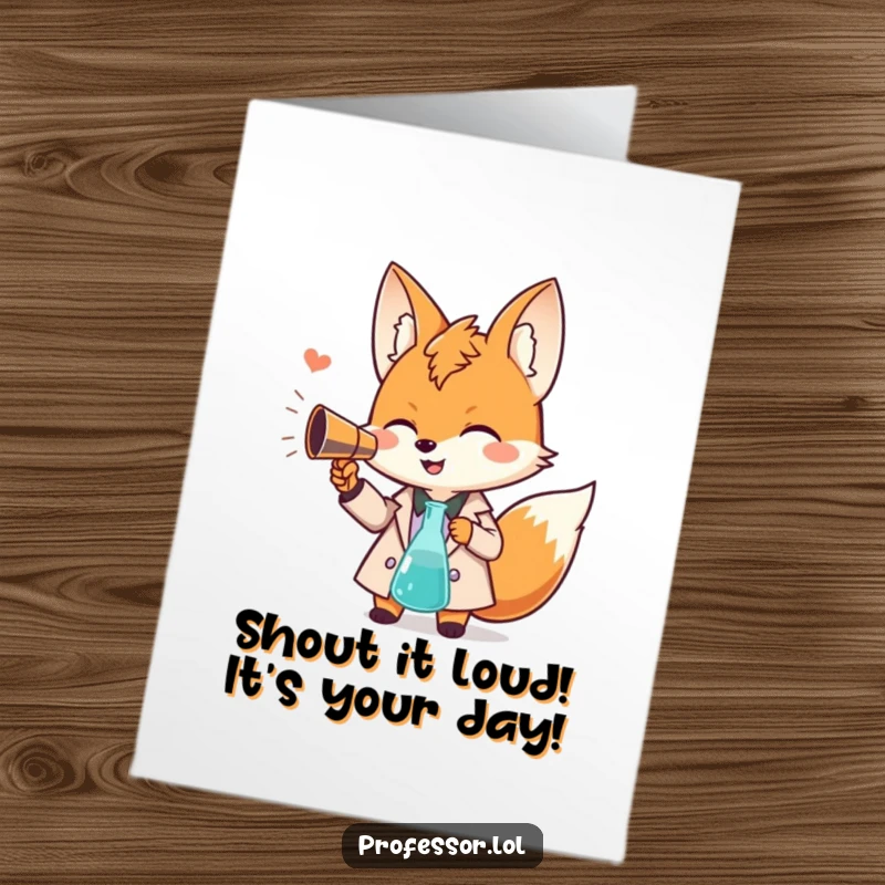 Funny Free Printable Birthday Card: a giggling Kawaii fox professor using a beaker as a megaphone, spreading birthday cheer with humor.
