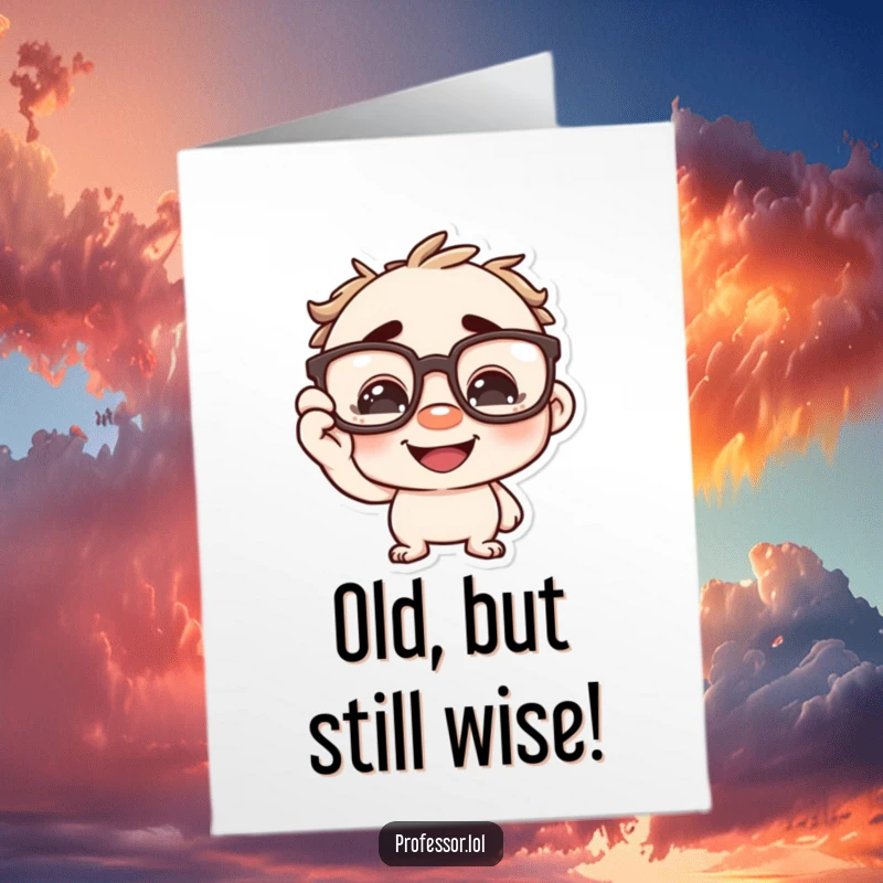 Funny Free Printable Birthday Card: Character playfully adjusting oversized spectacles with a wide, happy grin.