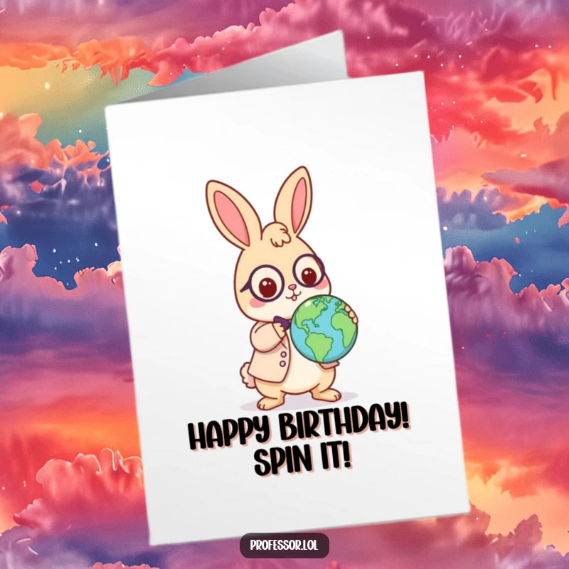 Funny Free Printable Birthday Card: a playful Kawaii rabbit professor balances a globe on their nose, celebrating with global humor.