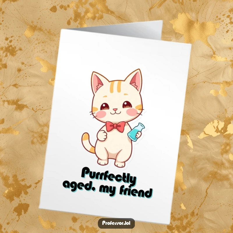 Funny Free Printable Birthday Card: Playful cat in a bow tie mixes a colorful liquid in a beaker, ready to celebrate.