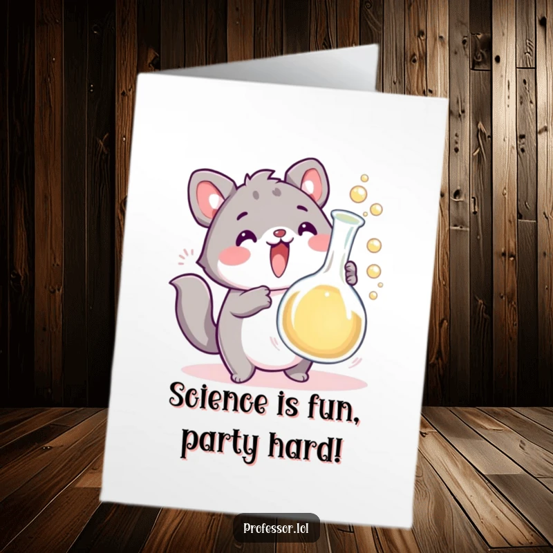 Funny Free Printable Birthday Card: Excited animal character with overflowing beaker, pure scientific chaos and birthday cheer.