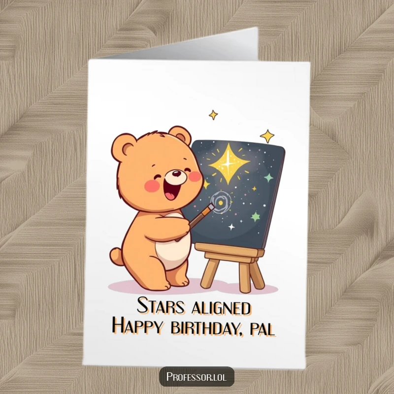 Funny Free Printable Birthday Card: Joyful Bear artistically sketching a vibrant galaxy on a chalkboard.