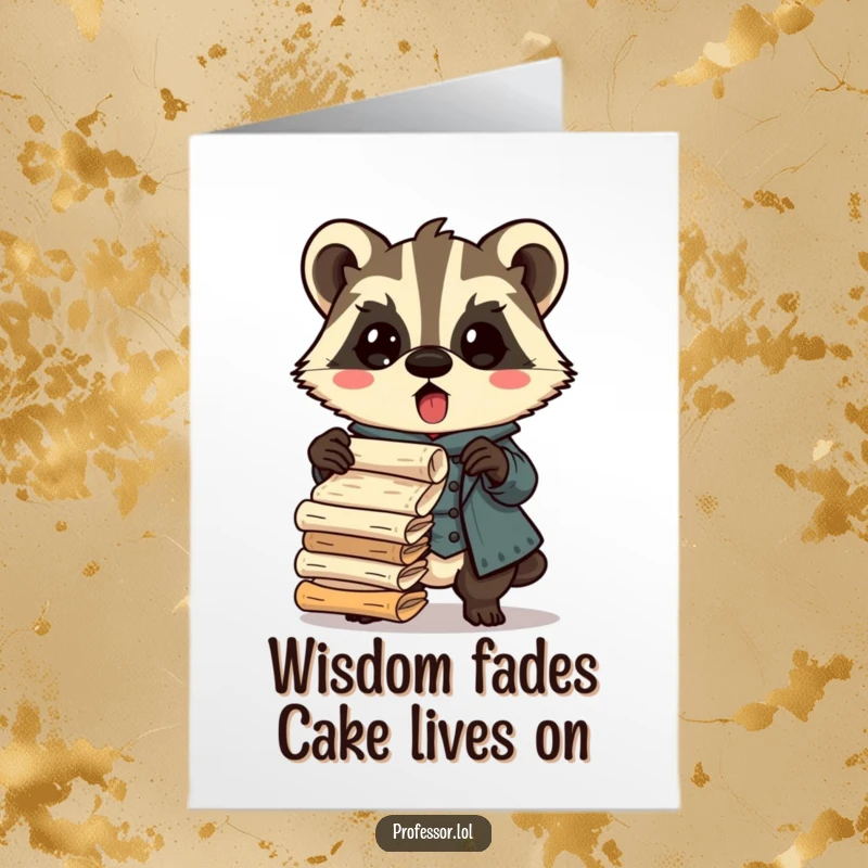 Funny Free Printable Birthday Card featuring a surprised Kawaii badger professor dropping ancient scrolls, perfect for a witty celebration.