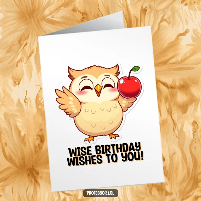 Funny Free Printable Birthday Card: An excited owl demonstrates gravity by dropping an apple, looking quite pleased.