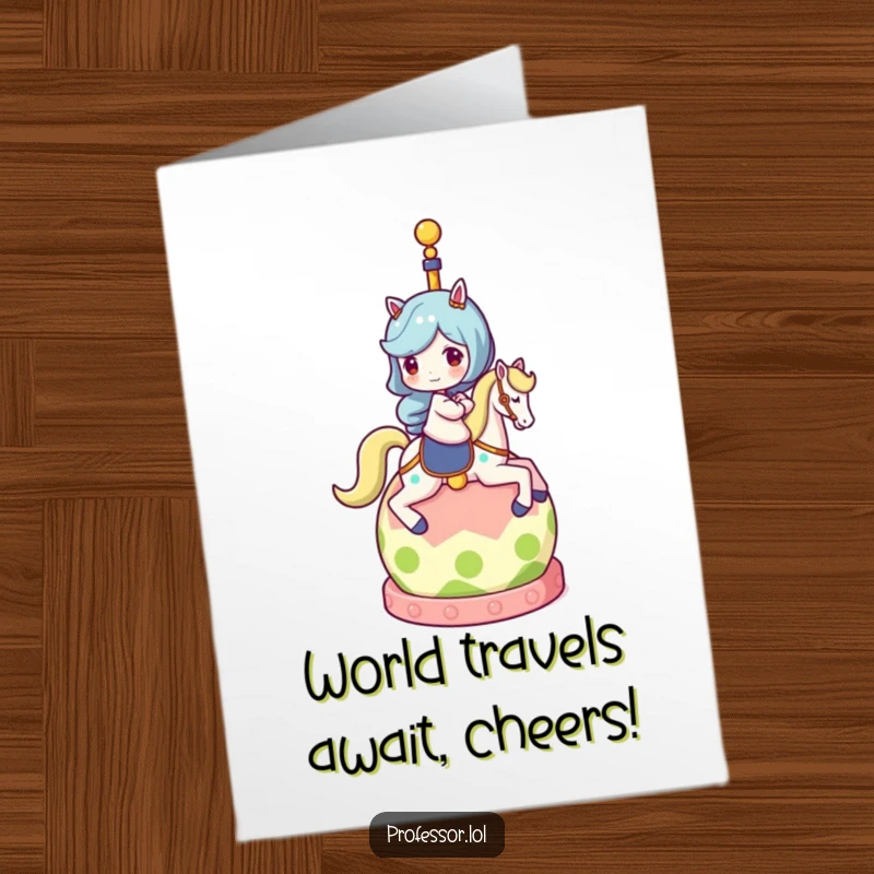 Funny free printable birthday card featuring a character comically riding a rolling globe like a carousel horse, symbolizing a wild year.