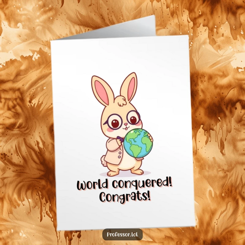 Funny Free Printable Congratulations Card: a playful Kawaii rabbit professor balances a globe, celebrating worldly success with a grin.