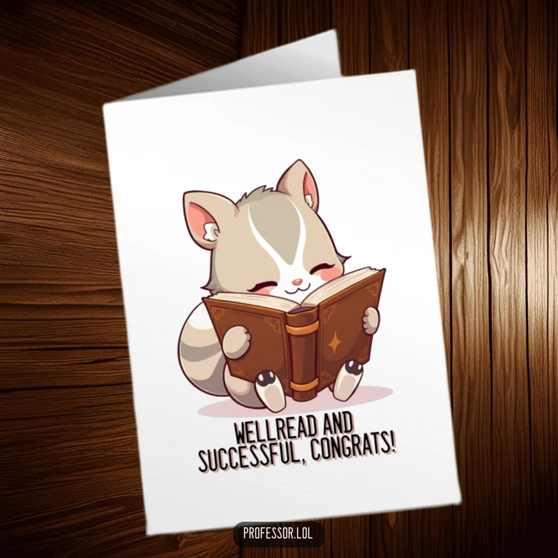 Funny Free Printable Congratulations Card: An intelligent animal character absorbed in reading a thick, ancient book, representing accumulated wisdom.