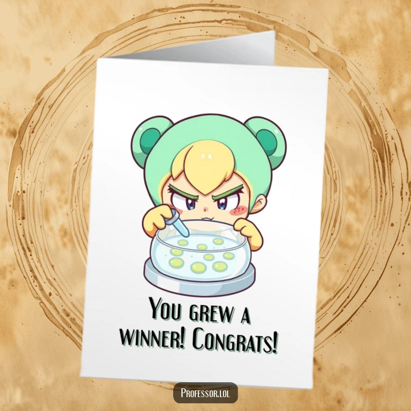 Funny Free Printable Congrats Card: A curious character intently examines a petri dish, symbolizing a successful breakthrough.