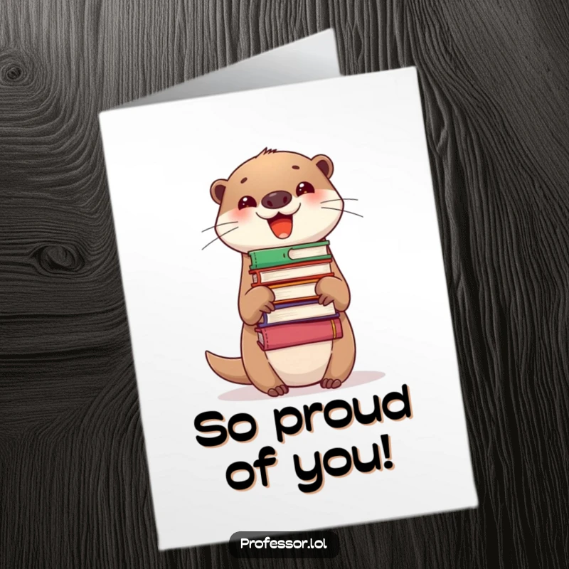 Funny Free Printable Congratulations Card: An excited otter expertly balancing a huge stack of books on its nose, celebrating a big win.