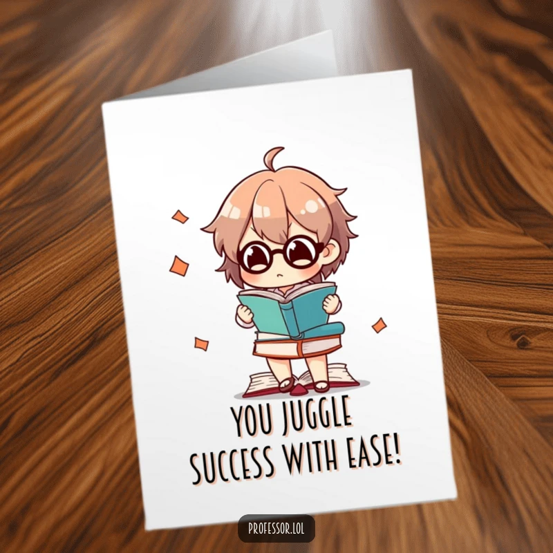 Funny Free Printable Congratulations Card: Character focused, effortlessly juggling a stack of books with impressive concentration.